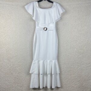 NWT Quiz Women White Belted Waist Bardot Tiered Ruffle Trim Mermaid Dress Size 4